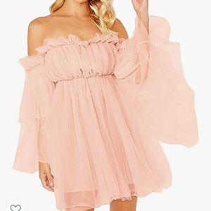 Women's Off Shoulder Flounce Long Sleeve Wedding Ruffle Mesh Party Mini Dress